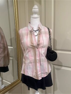 Panhandle Slim Pink and Beige Plaid Sleeveless Button-Up Top